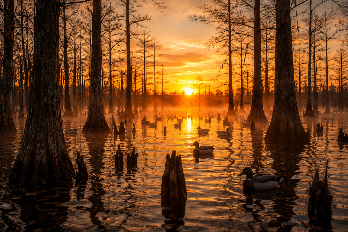 A scenic sunset over a calm wetland with tall dark trees rising from the water and several ducks floating on the surface. The sky is glowing orange and yellow, with mist and reflections across the water.