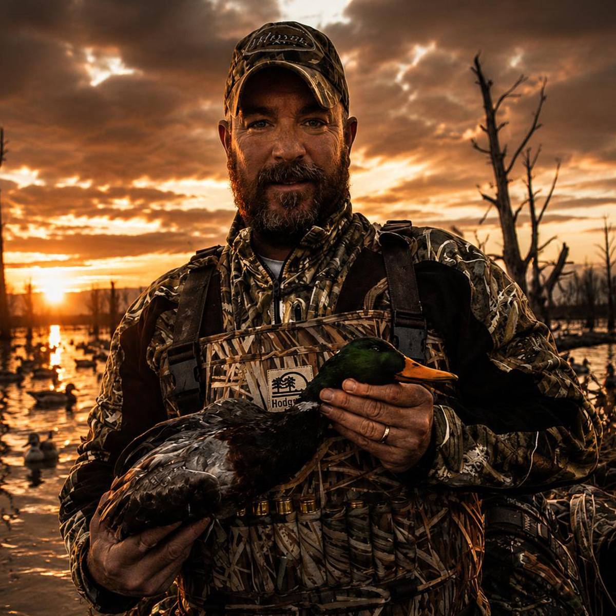 A man in camouflage hunting clothing and cap stands in a marsh at sunset holding a duck.