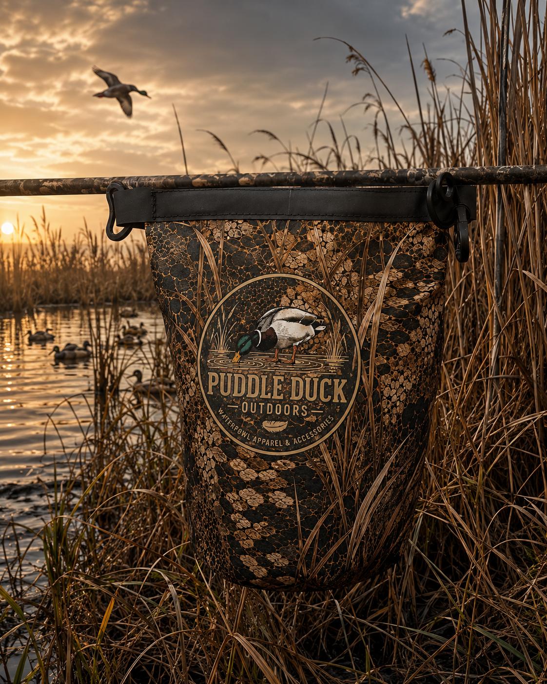 A camouflage bag from a rod outdoors at a lake during sunset, with reeds, ducks, and a flying duck visible in the background. The blind features a large circular 'Puddle Duck Outdoors' logo on the front.