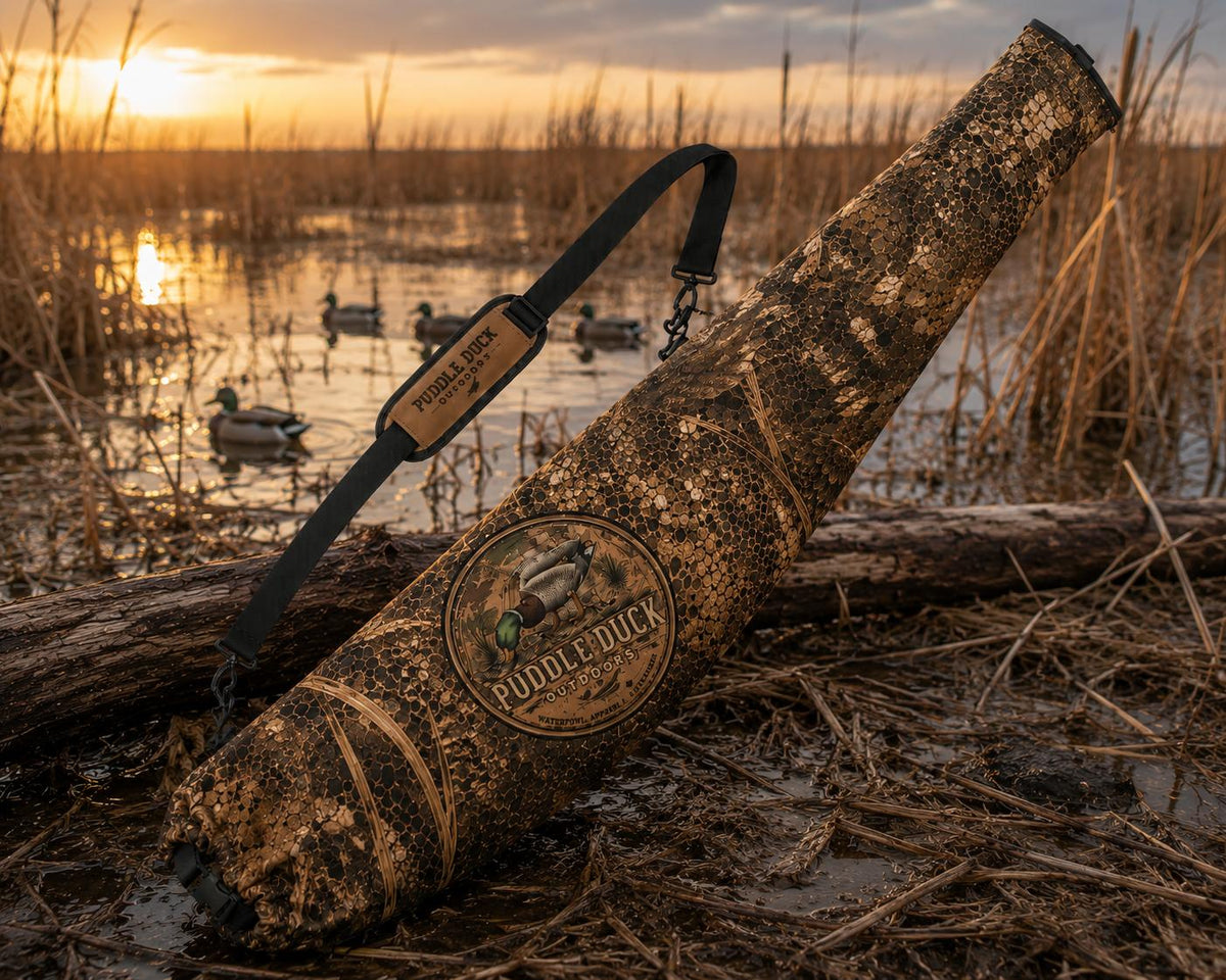 A camouflage duck hunting case with a black shoulder strap and a circular 'Puddle Duck' logo patch, resting on a log in a marsh during a golden sunset with ducks visible in the water.