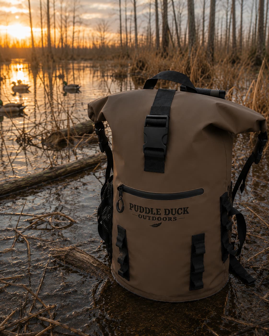 A tan waterproof roll-top backpack with black straps and the Puddle Duck Outdoors logo, set on a muddy shoreline at sunset with ducks and reeds in the background.