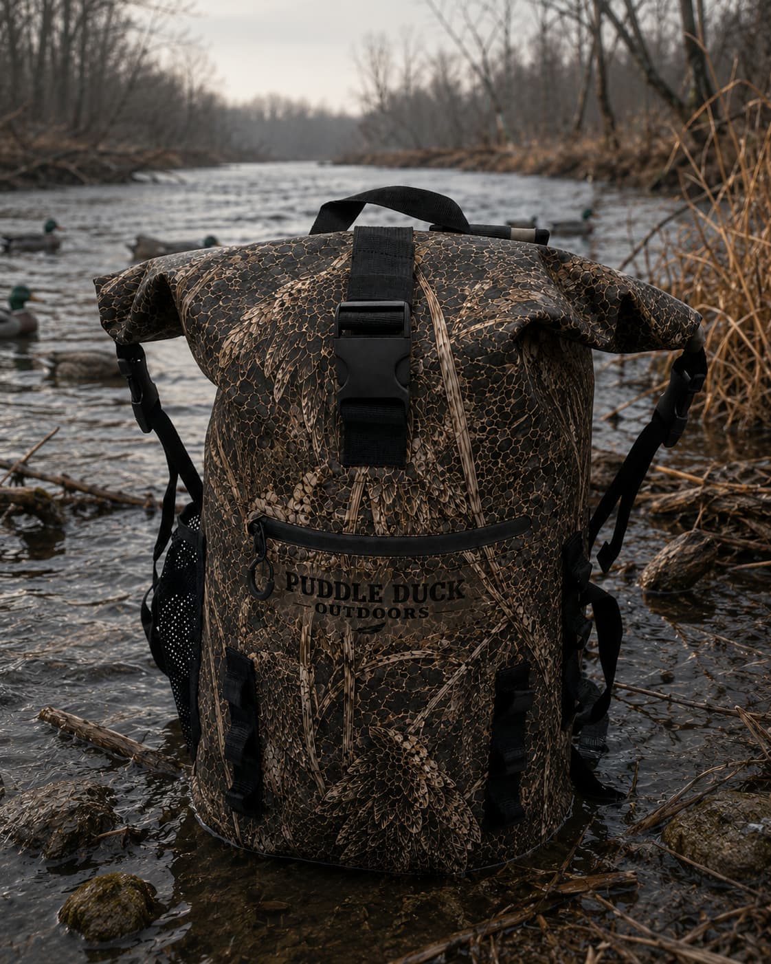 A roll-top backpack in a brown and beige woodland camouflage pattern stands in shallow water outdoors, with ducks and bare trees in the background. The front pocket shows the brand name 'PUDDLE DUCK OUTDOORS'.