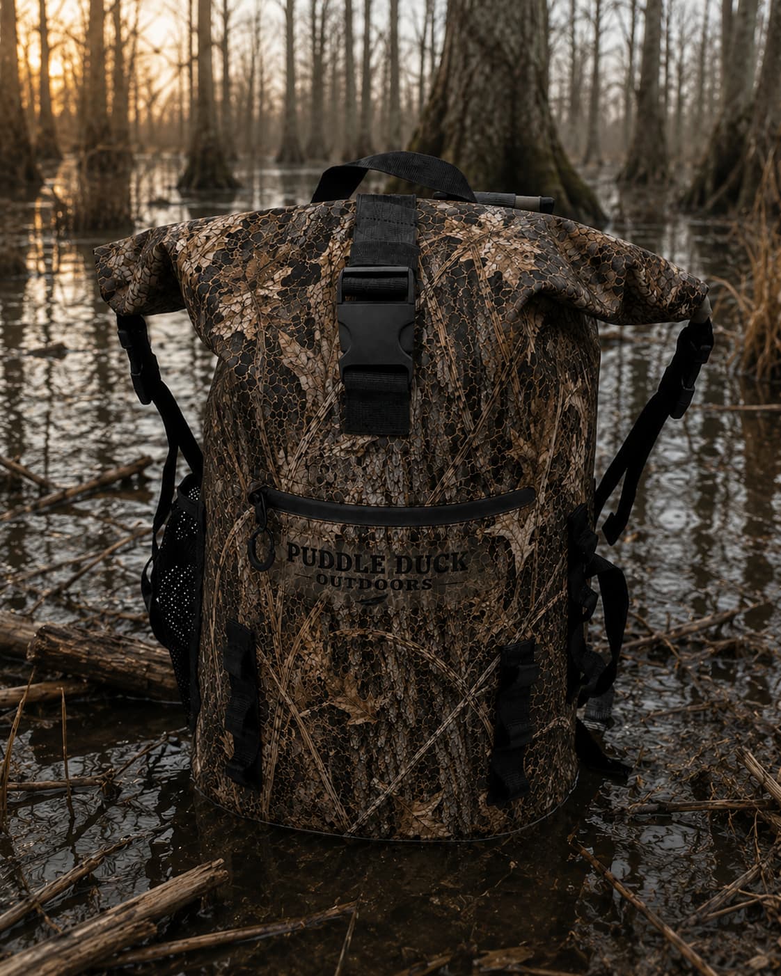 A camouflage roll-top backpack with black straps and a front pocket printed with the Puddle Duck Outdoors logo, standing in shallow water among trees.