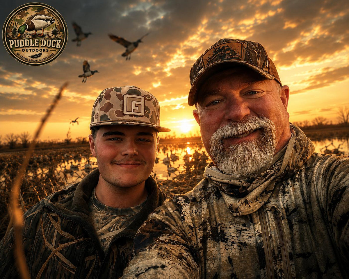 Two men in camouflage hunting apparel and caps pose for a selfie outdoors at sunset, with ducks flying across the sky. A circular 'Puddle Duck Preserves' logo appears in the top-left corner.