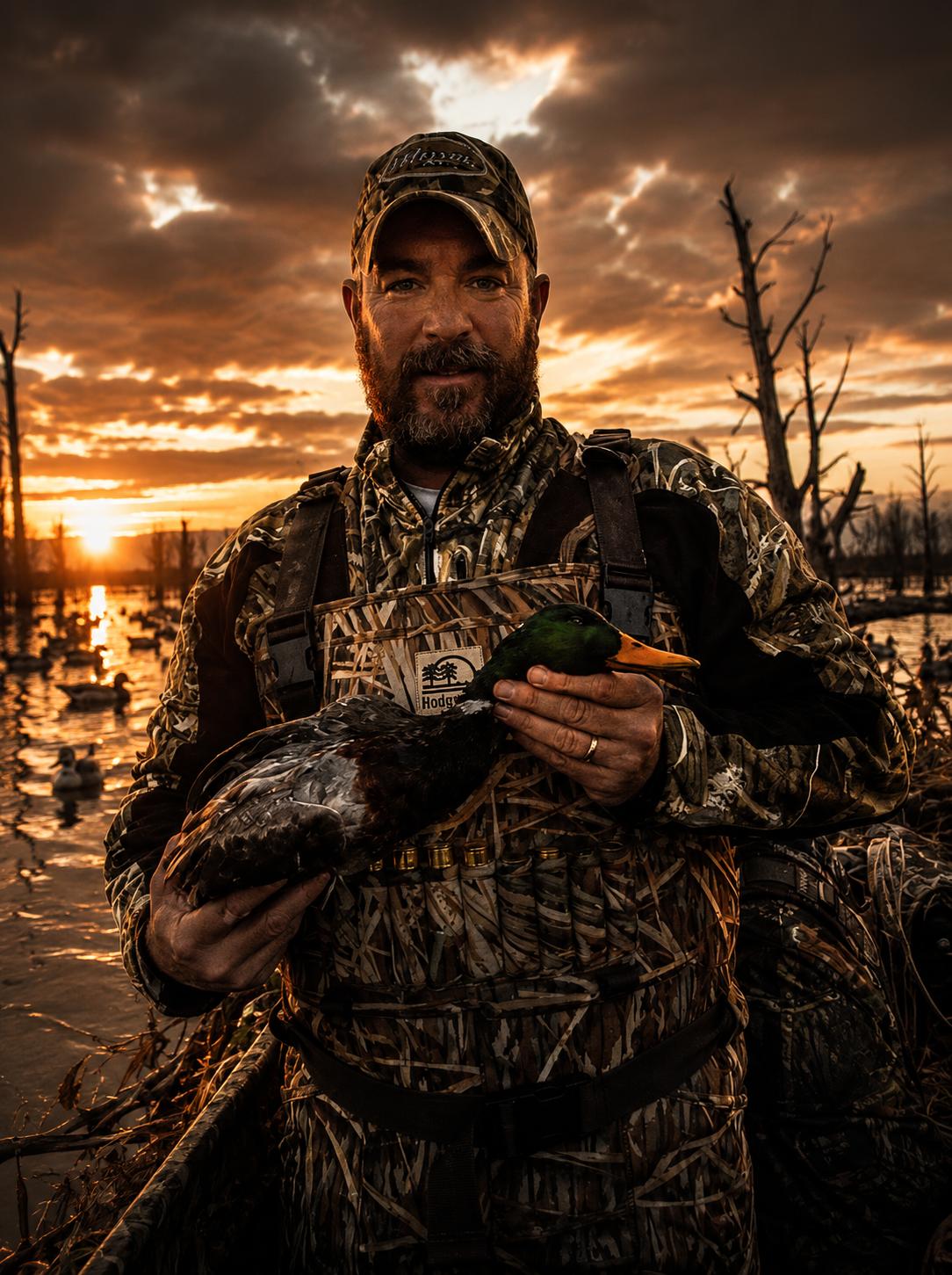 A man in camouflage hunting clothing stands in a marsh at sunset holding a duck and a duck deco. The background shows other ducks on the water and bare trees under a dramatic orange and brown sky.