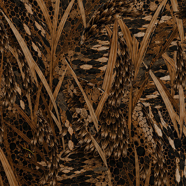 A close-up of a textured pattern featuring dried brown grasses and leaves layered over a black and brown honeycomb or scale-like background.