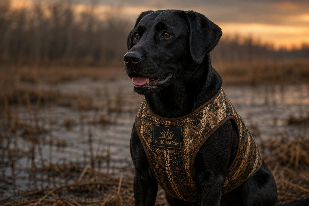 A black Labrador retriever sitting in a marshy outdoor area at sunset, wearing a camouflage-patterned hunting vest with a visible 'Echo March' logo patch.