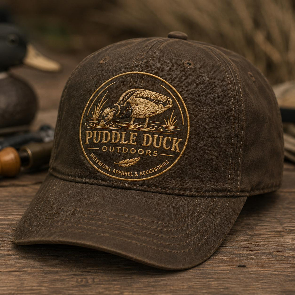 A dark brown baseball cap with a circular embroidered logo reading 'PUDDLE DUCK OUTDOORS' and showing a duck illustration, placed on a wooden surface with a blurred duck and outdoor background.