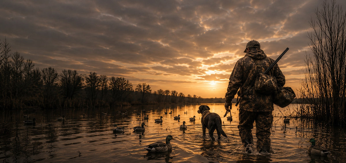 Duck hunter walking through a decoy spread with a black lab