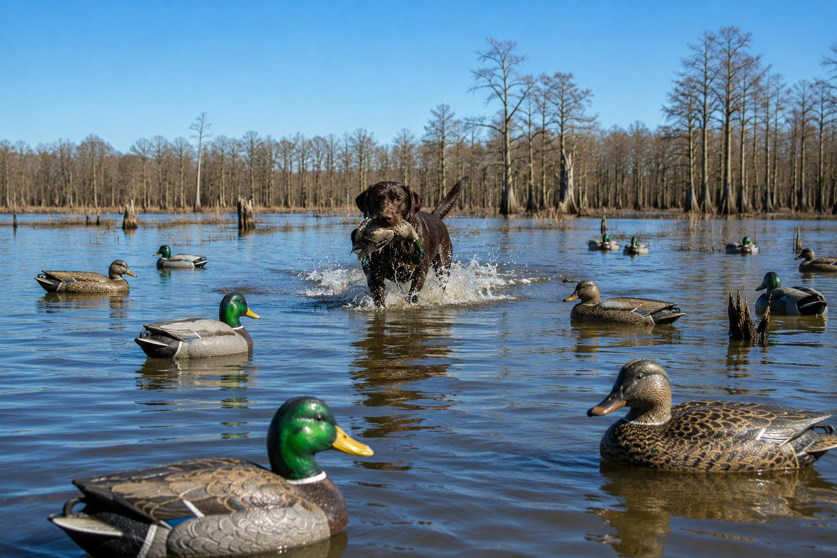 A black retriever dog splashing in shallow water while holding a duck hunting shot, surrounded by real mallards in a marsh with bare trees and a blue sky.