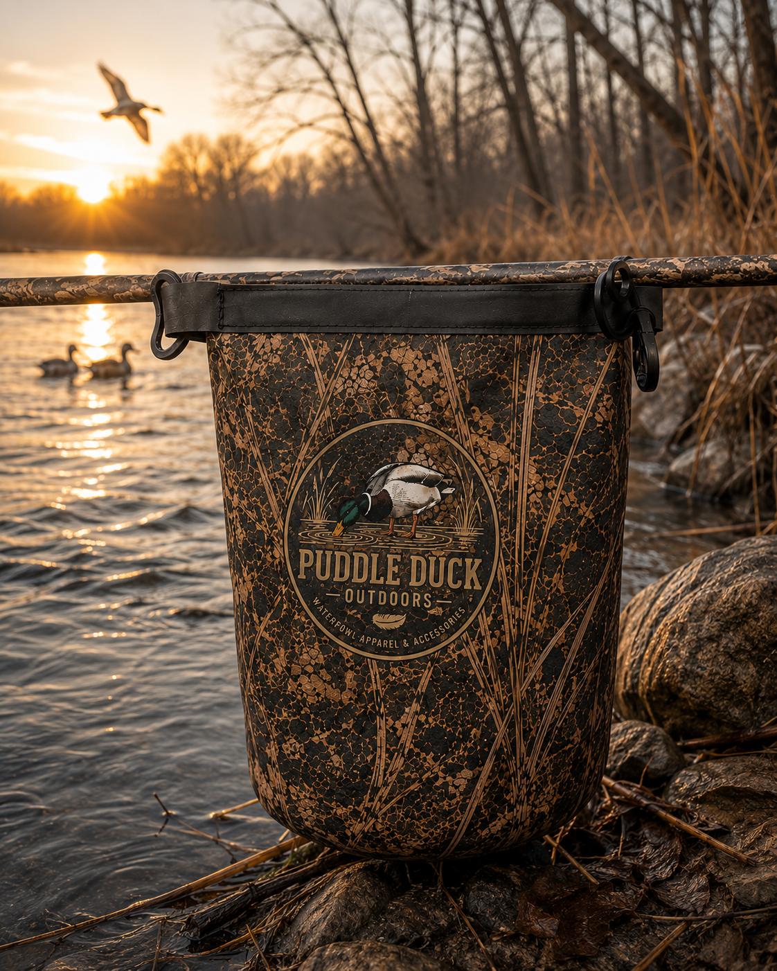 A camouflage roll-top waterproof bag, top strap and a circular 'Puddle Duck Outdoors' logo, set on rocks by a lake at sunset with ducks and a flying duck in the background.
