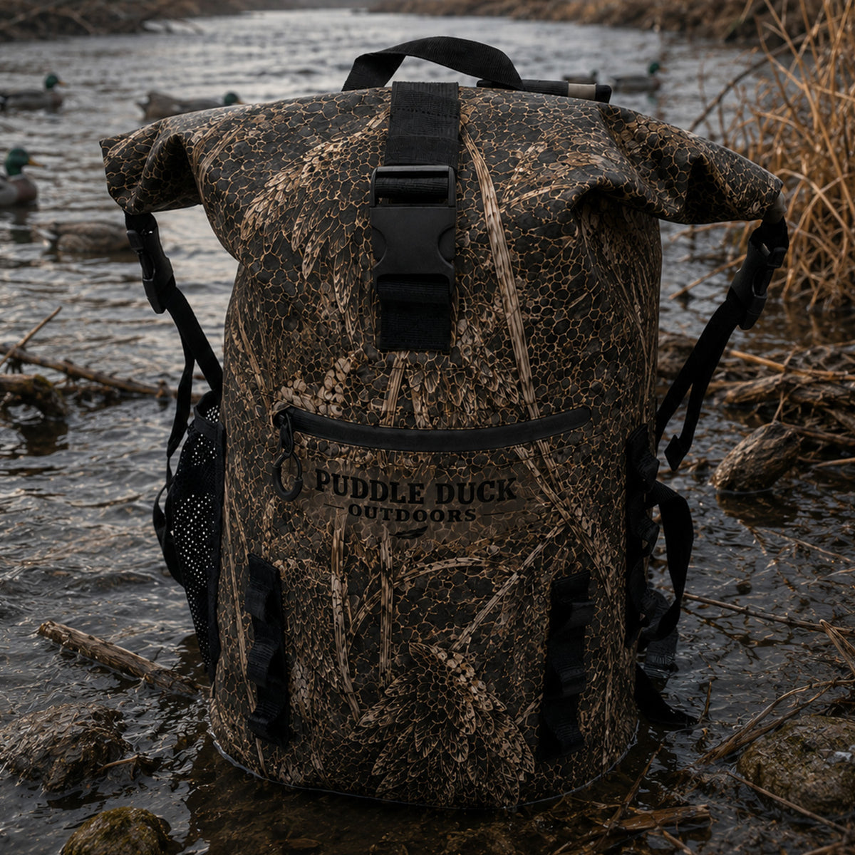 A camouflage roll-top backpack with black straps and a front pocket printed with the Puddle Duck Outdoors logo, standing in shallow water outdoors.