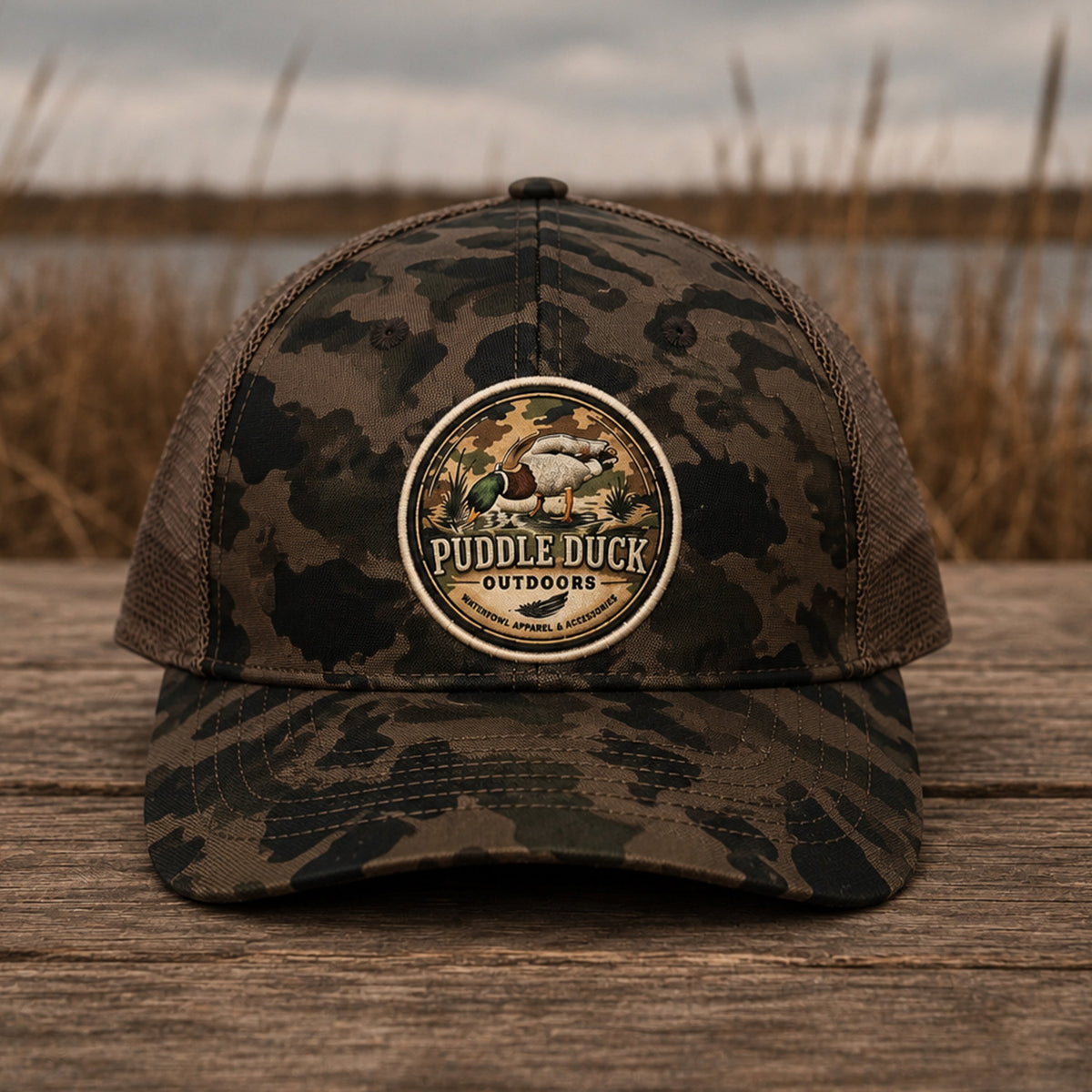 A camouflage trucker cap with a circular 'Puddle Duck Outdoors' logo patch on the front, displayed on a rustic wooden surface with a blurred marsh background.