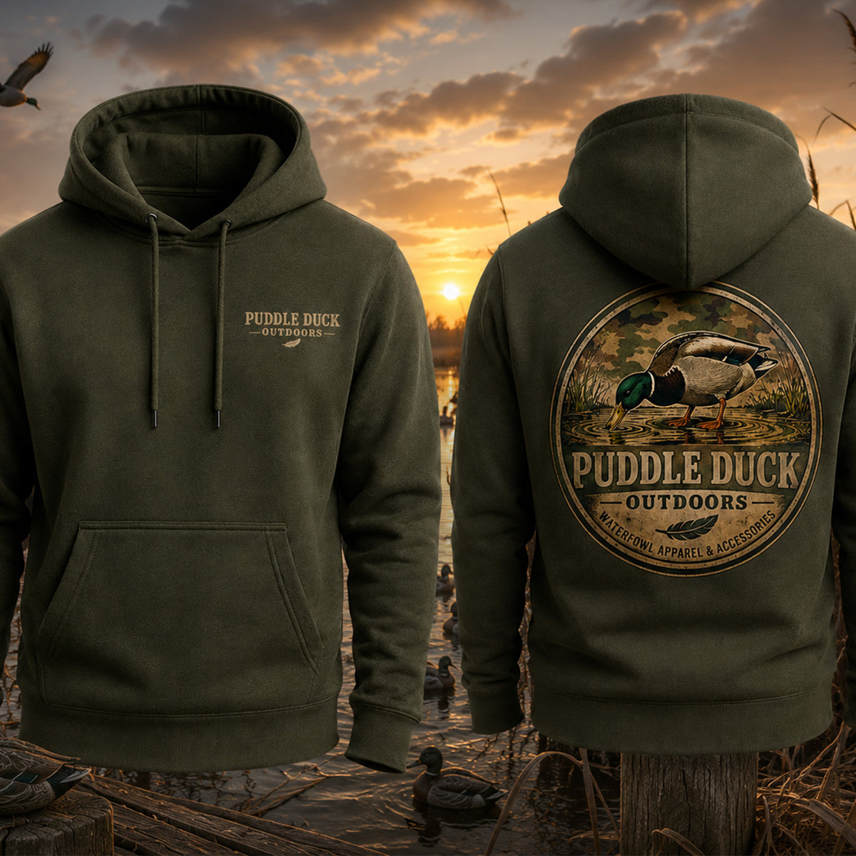 Front and back views of an olive green pullover hoodie. The front features a small 'PUDDLE DUCK OUTDOORS' logo on the left chest, and the back features a large circular graphic of a mallard duck with the brand name 'PUDDLE DUCK OUTDOORS' and 'WATERFOWL APPAREL & ACCESSORIES' printed below.