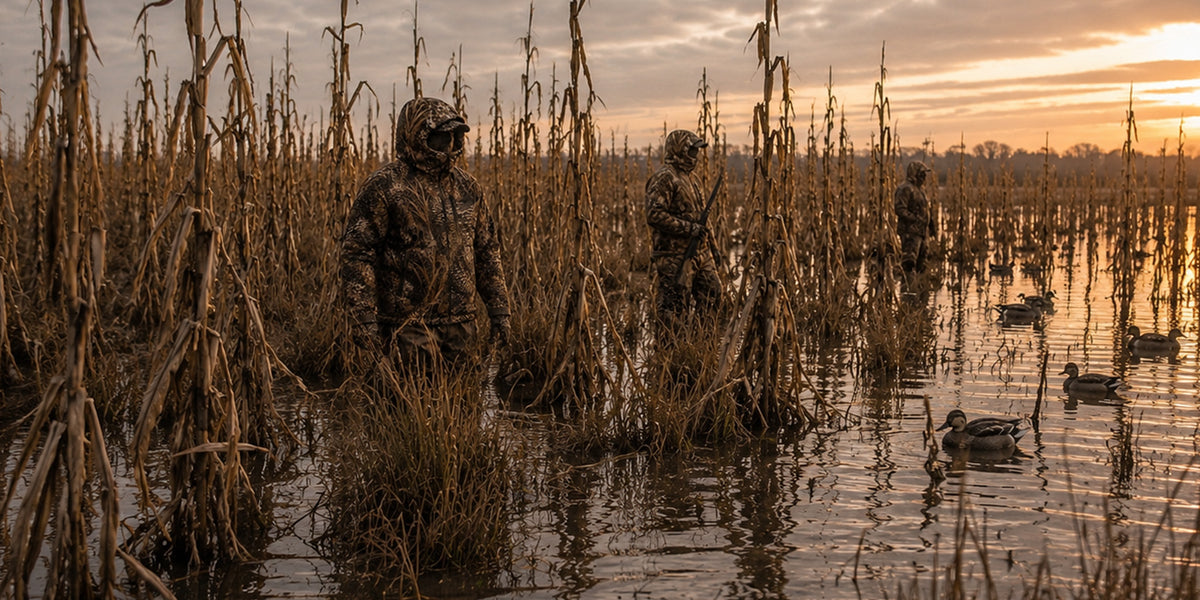 Three people in camouflage stand in shallow marsh water among tall reeds at sunset, with ducks visible on the water in the foreground.