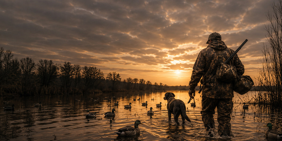 A person in camouflage stands in shallow water at sunset with a duck hunting dog beside them, surrounded by ducks on the lake. The scene is backlit by a golden sky with dramatic clouds and dark tree silhouettes.
