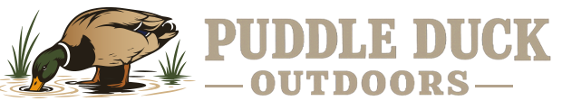 A logo-style graphic on a white background showing a duck at left with the text 'PUDDLE DUCK OUTDOORS' in tan lettering.