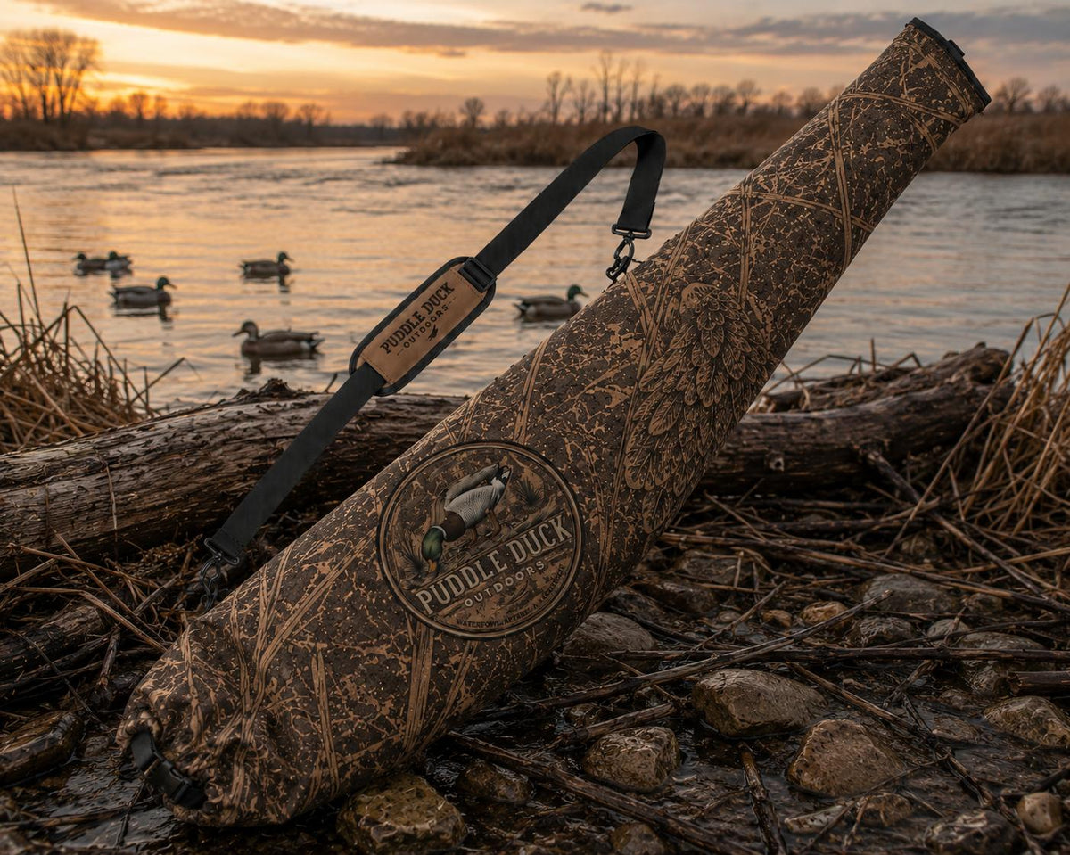 A camouflage duck hunting case with a black shoulder strap rests on logs and rocks by a river at sunset, with ducks visible in the water in the background. The case features a circular 'Puddle Duck Hunting' logo.