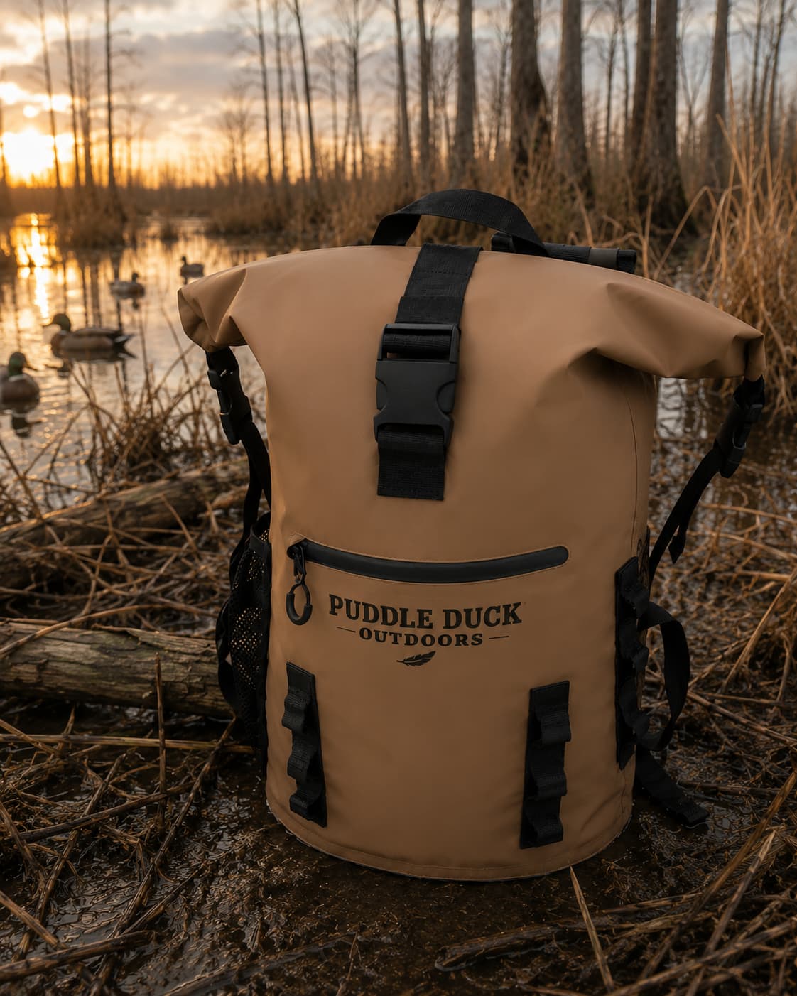 A tan waterproof roll-top backpack with black straps and the Puddle Duck Outdoors logo, set on a muddy shore with ducks and reeds in the background at sunset.