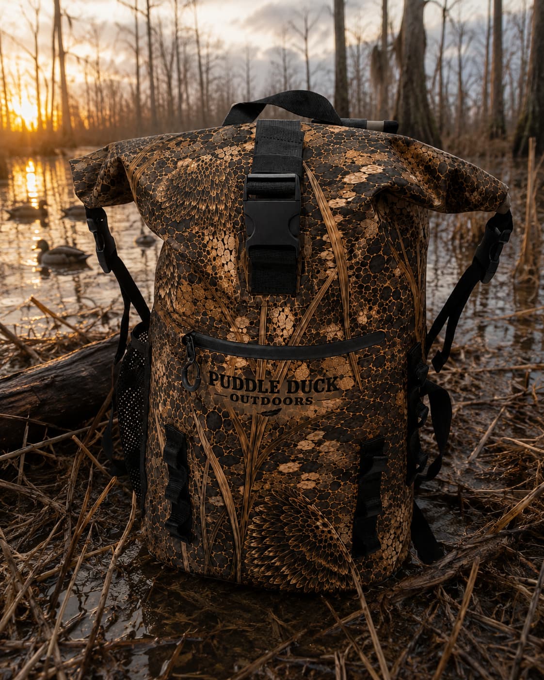 A camouflage duck hunting backpack with a roll-top closure and black straps, standing in a marshy wetland at sunset. The backpack features a realistic reeds-and-branches pattern in brown, tan, and black, with the 'PUDDLE DUCK OUTDOORS' logo printed on the front pocket.