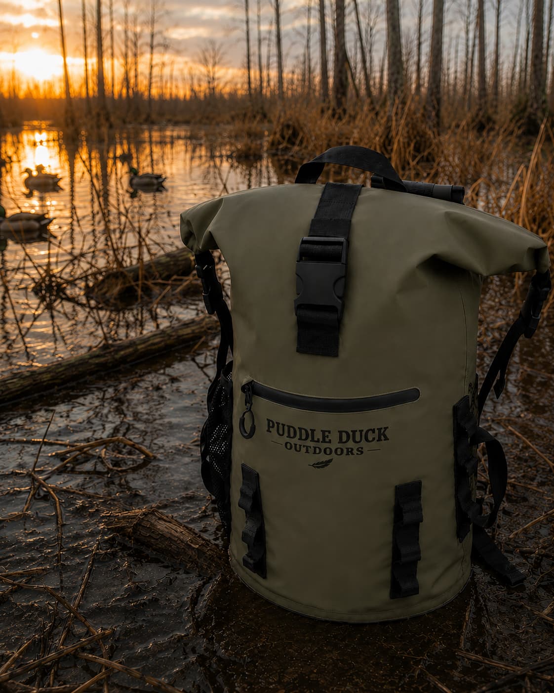 An olive green waterproof backpack with black straps and the Puddle Duck Outdoors logo, set on a muddy shoreline next to a lake at sunset with ducks in the water.